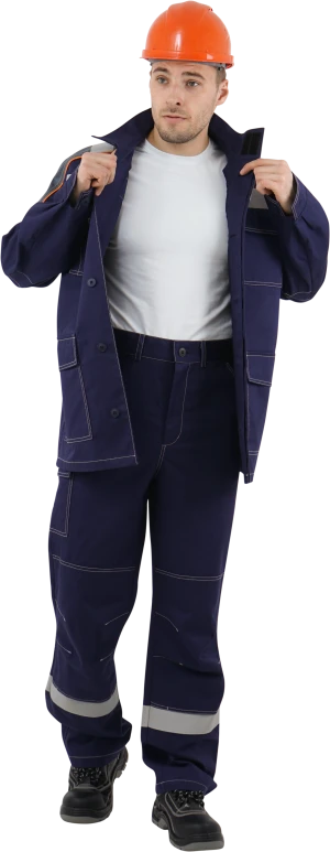 Костюм мужской МЕГАСТАТОЙЛ  от нефтепродуктов, кратковременного воздействия пламени, статического электричества, темно-синий/серый/оранж Кос 907